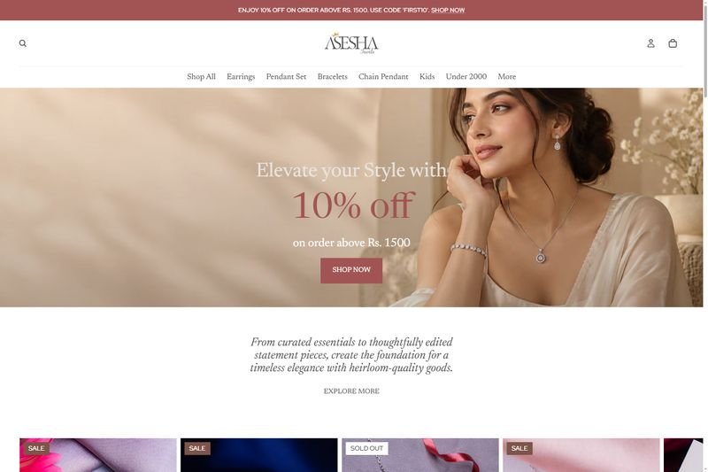 Asesha Jewels homepage screenshot — Shopify Jewellery Store built by Raju Ram Prajapat