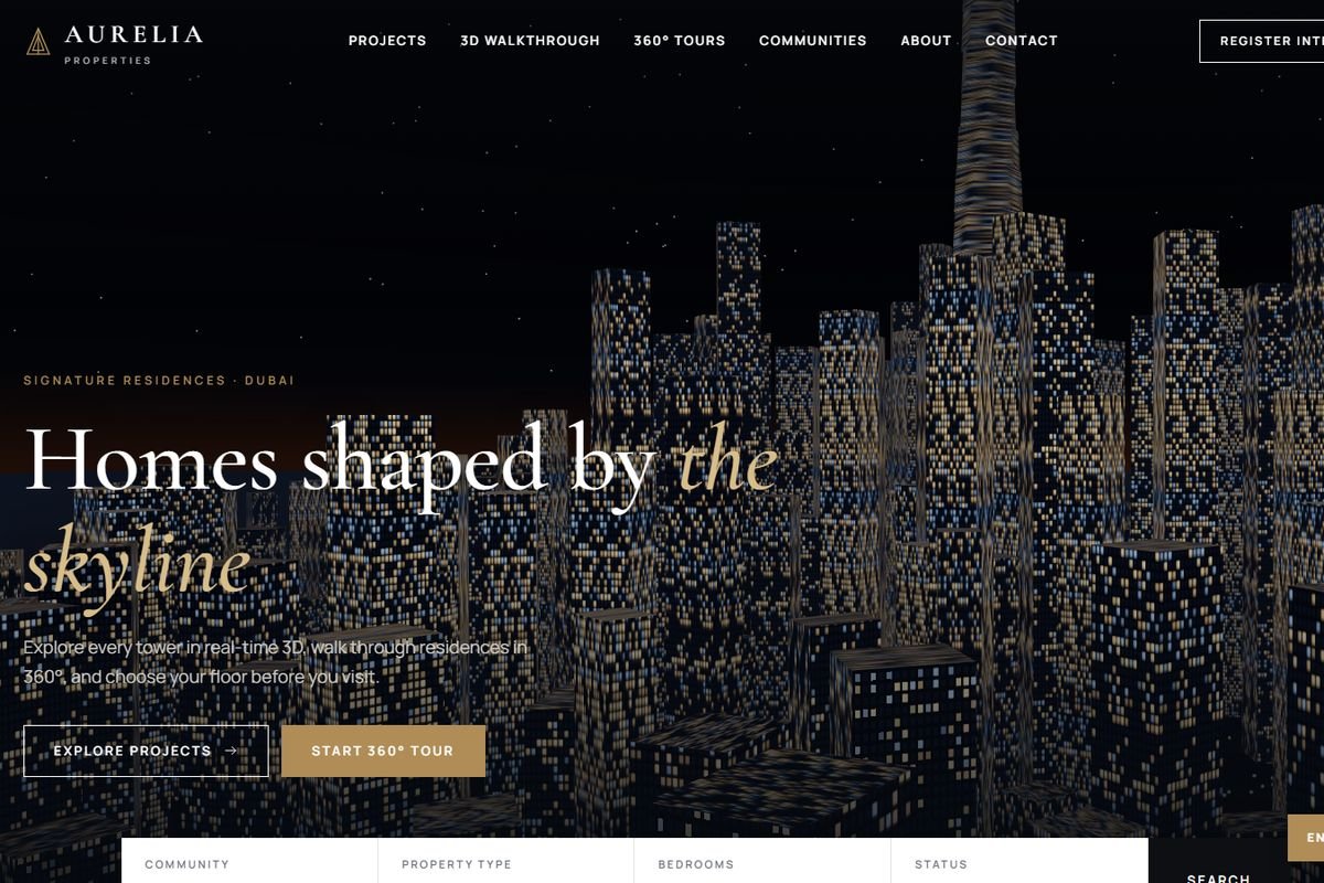 AURELIA Properties concept website by Raju Ram Prajapat with 3D skyline and 360-degree tours