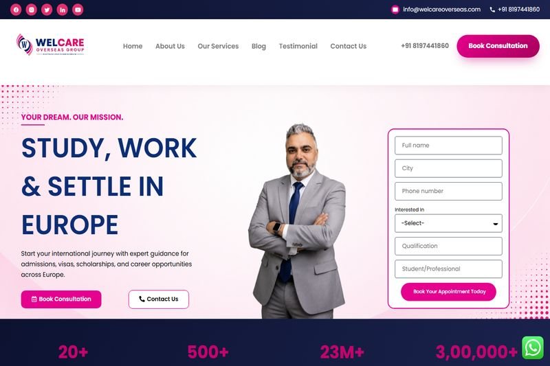 Welcare Overseas Education website design by Raju Ram Prajapat — Study Abroad Consultancy project